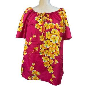 80s Vintage Hawaiian Made Pink and Yellow Floral Short Sleeve Blouse Size Large